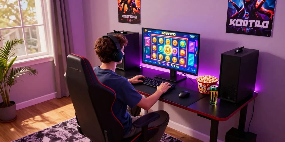 Engaging gaming scene featuring KOITOTO online slots, young adult enjoying gameplay in a stylish home environment with vibrant LED lights.