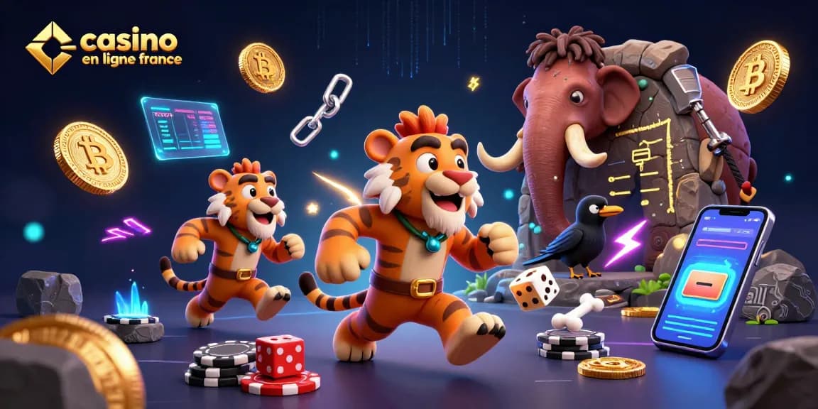 Casino en ligne France : illustration dynamique de personnages préhistoriques jouant à des jeux de casino