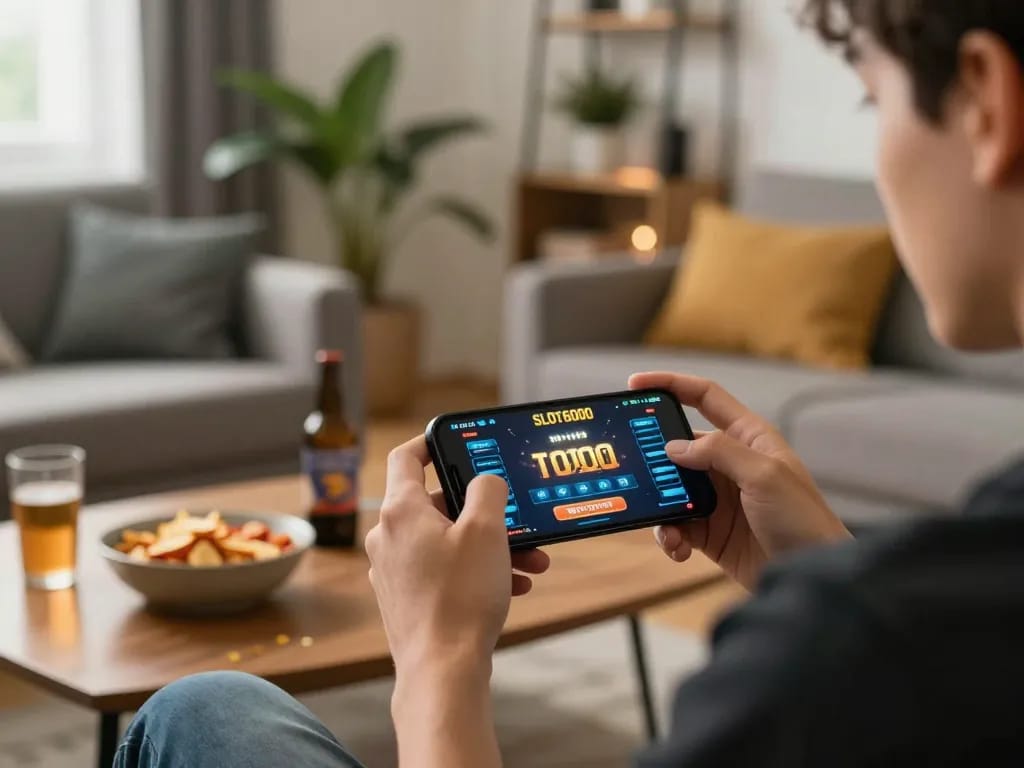 SLOT6000 gameplay on smartphone in a cozy living room, showcasing a responsible gaming lifestyle.