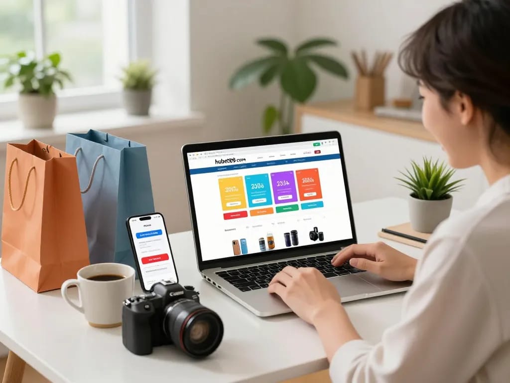 Shopping enthusiast exploring hubet88 com on laptop surrounded by vibrant retail products.