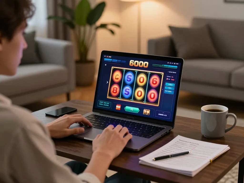 Player engaging with slot6000 online slot games on a stylish laptop in a cozy home setting.