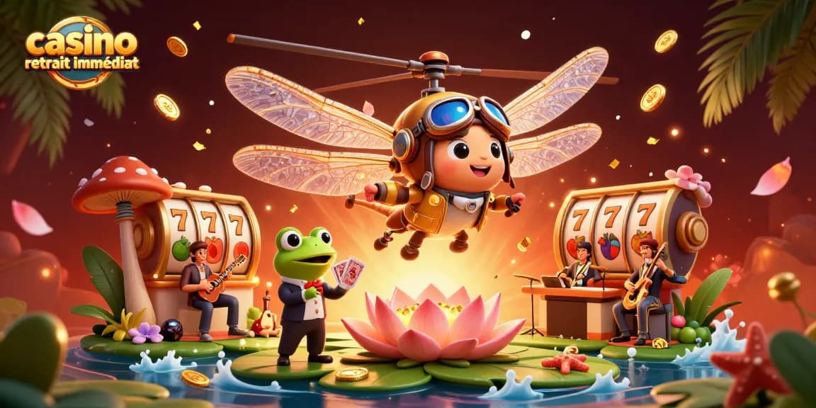 Profitez d'un casino retiré immédiat avec notre illustration captivante d'un pilote de libellule et un croupier grenouille.