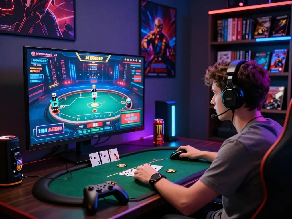 Player engaging in a thrilling online poker game on ligasedayu platform with immersive graphics and gaming setup.