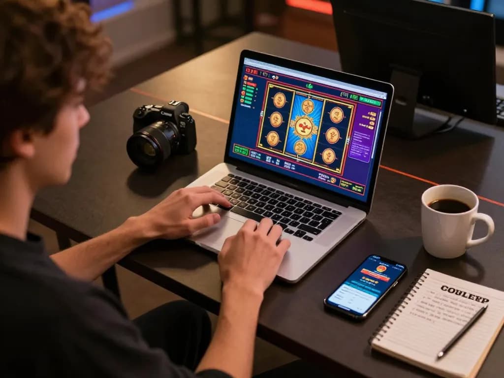 Engaging in situs slot gacor gameplay on a stylish laptop setup with strategic notes and mobile betting app.