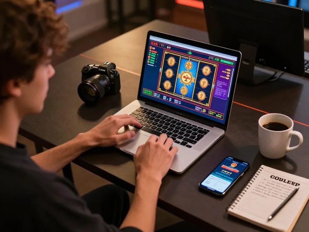 Engaging in situs slot gacor gameplay on a stylish laptop setup with strategic notes and mobile betting app.