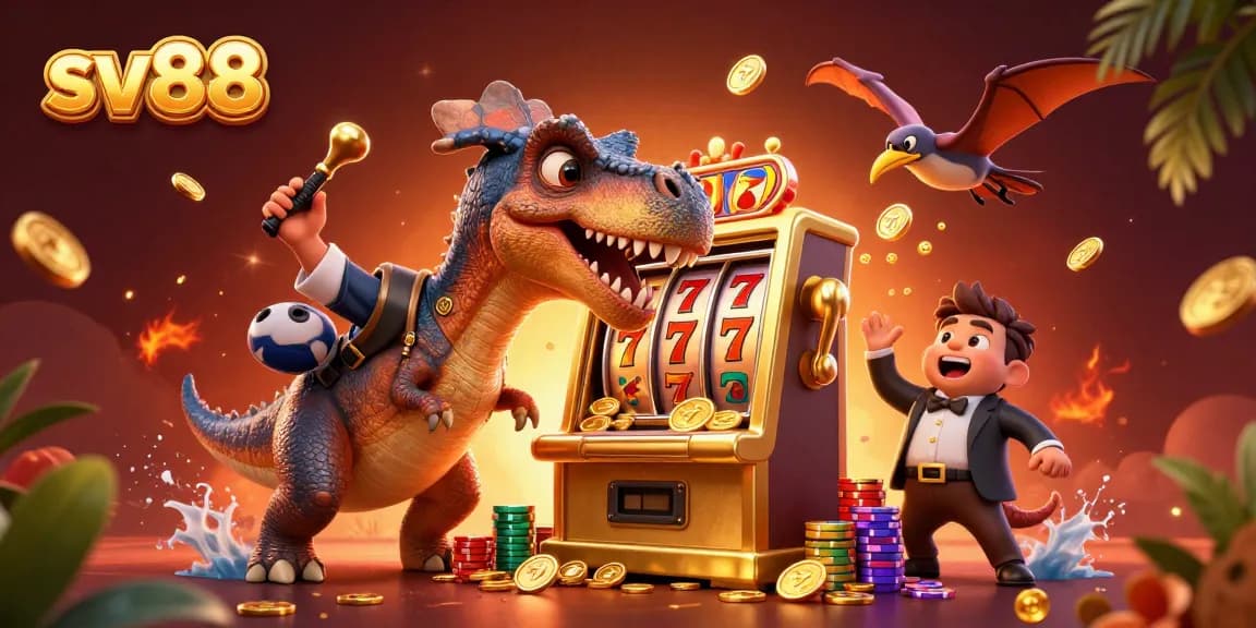 sv88 jackpot celebration with a dinosaur and animated casino elements in a vibrant scene