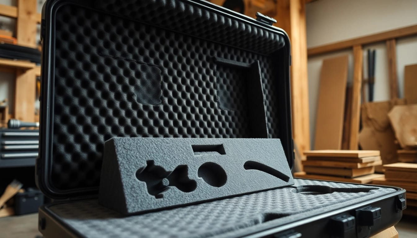 Foam for rifle case showcasing detailed texturing and precision cuts in a warm, artisanal setting.