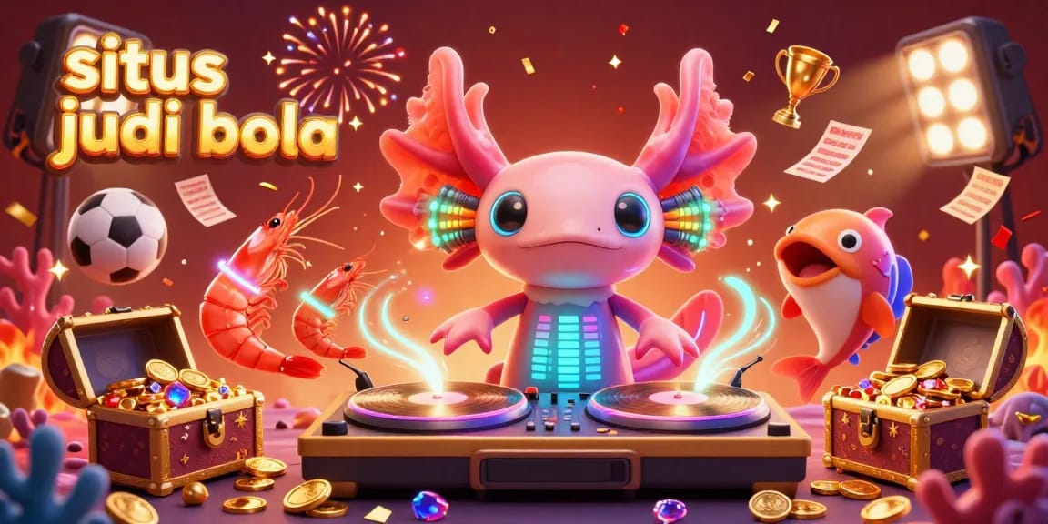 Situs judi bola featuring a dynamic scene of a neon axolotl DJ, sports betting elements, and colorful underwater treasures.