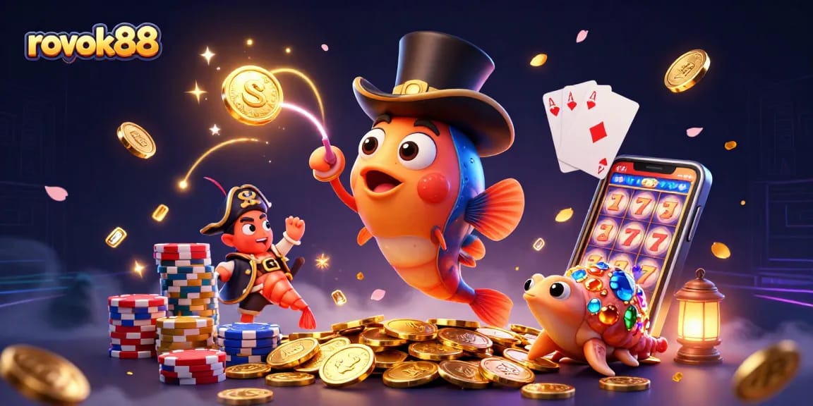 Engage with rokok88's vibrant casino fantasy scene featuring a lucky anglerfish, treasure, and gleaming coins.