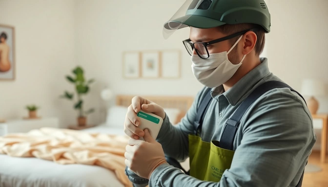 Exterminator demonstrating affordable bed bug treatment techniques in a home.