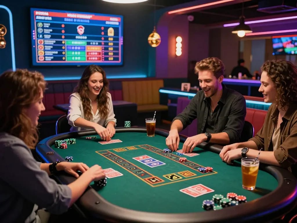 Friends enjoying a lively bong99 live casino game night with excitement and winning moments.