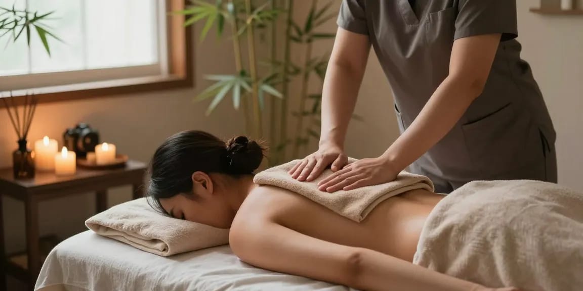 마사지 치료 중인 고객과 편안한 스파 환경