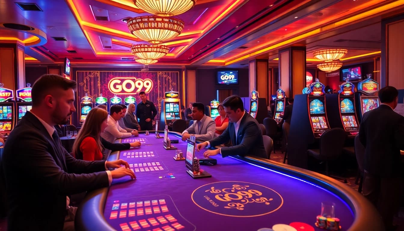 Players enjoying a luxurious GO99 casino experience with vibrant tables and slot machines.