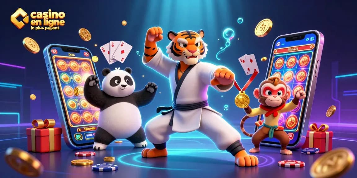 Illustration de casino en ligne le plus payant avec un tigre kung-fu, un panda et un singe joueur.