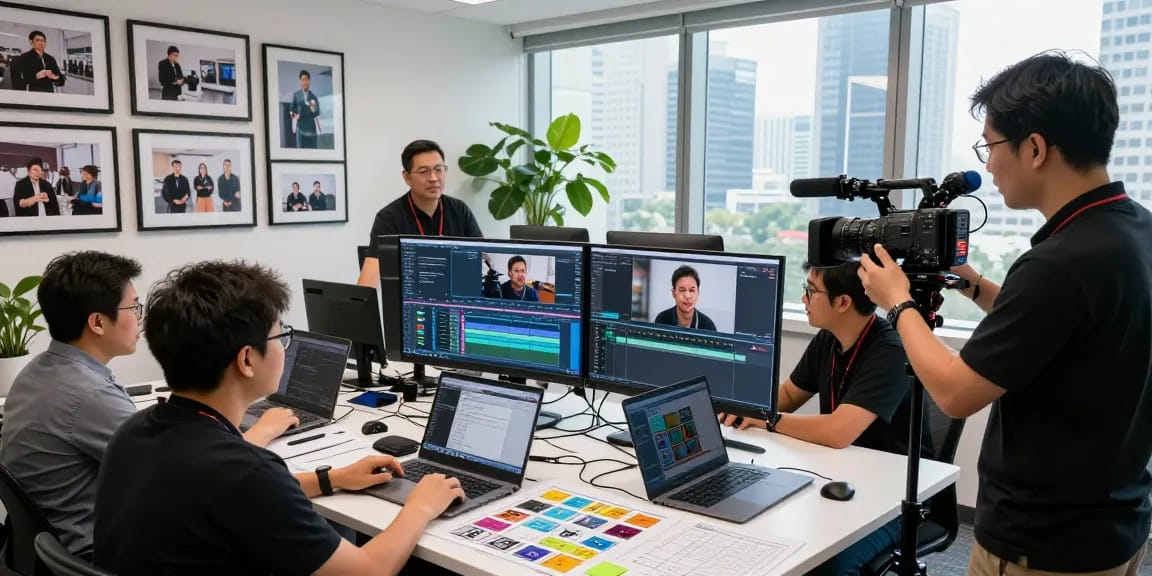 Singapore Corporate Video Production team collaborating in a vibrant studio environment.