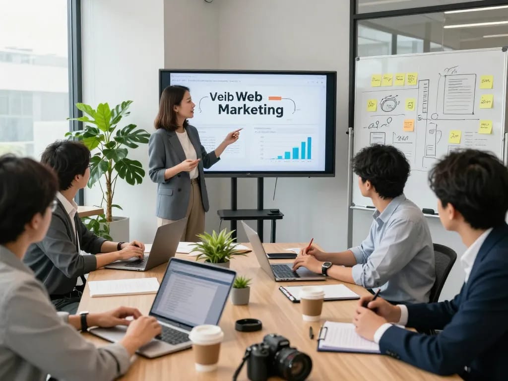 現代のオフィスでウェブマーケティング戦略について協力する合同会社SUMXのチーム。