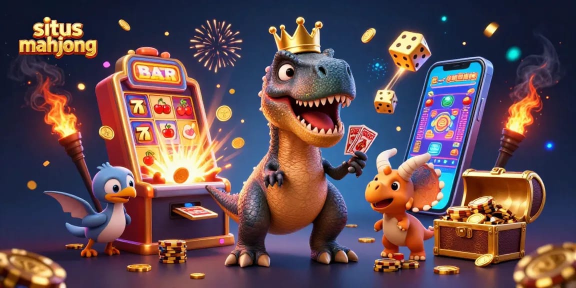 Experience situs mahjong action with a colorful 3D T-Rex shuffling cards and a golden jackpot scene.
