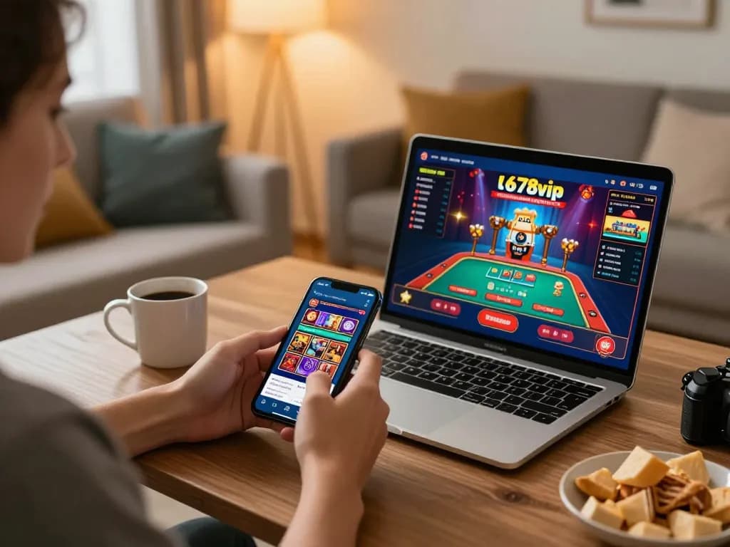 Player using 678vip app on smartphone for mobile gambling in a cozy home setting.