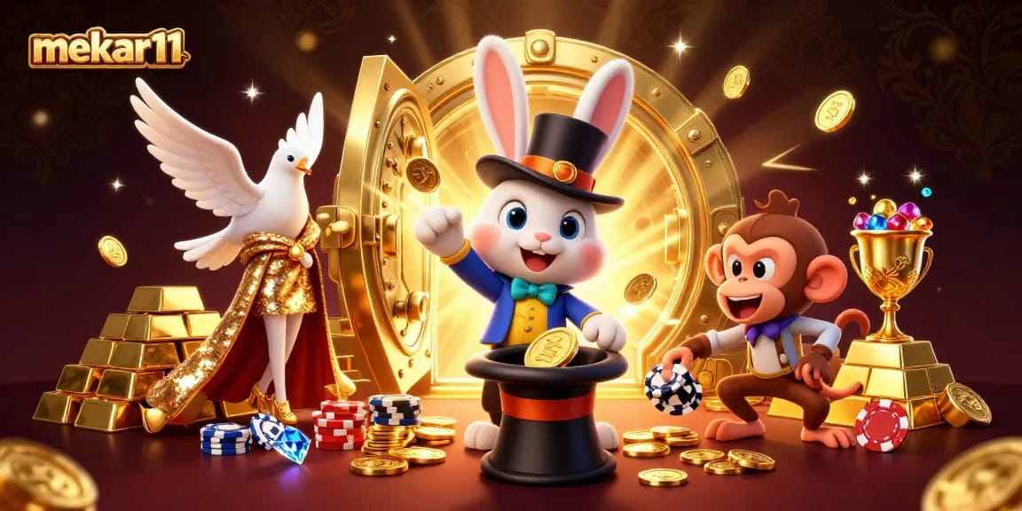 Mekar11 showcases a thrilling scene with a magical rabbit, dove, and monkey in a dynamic casino setting.