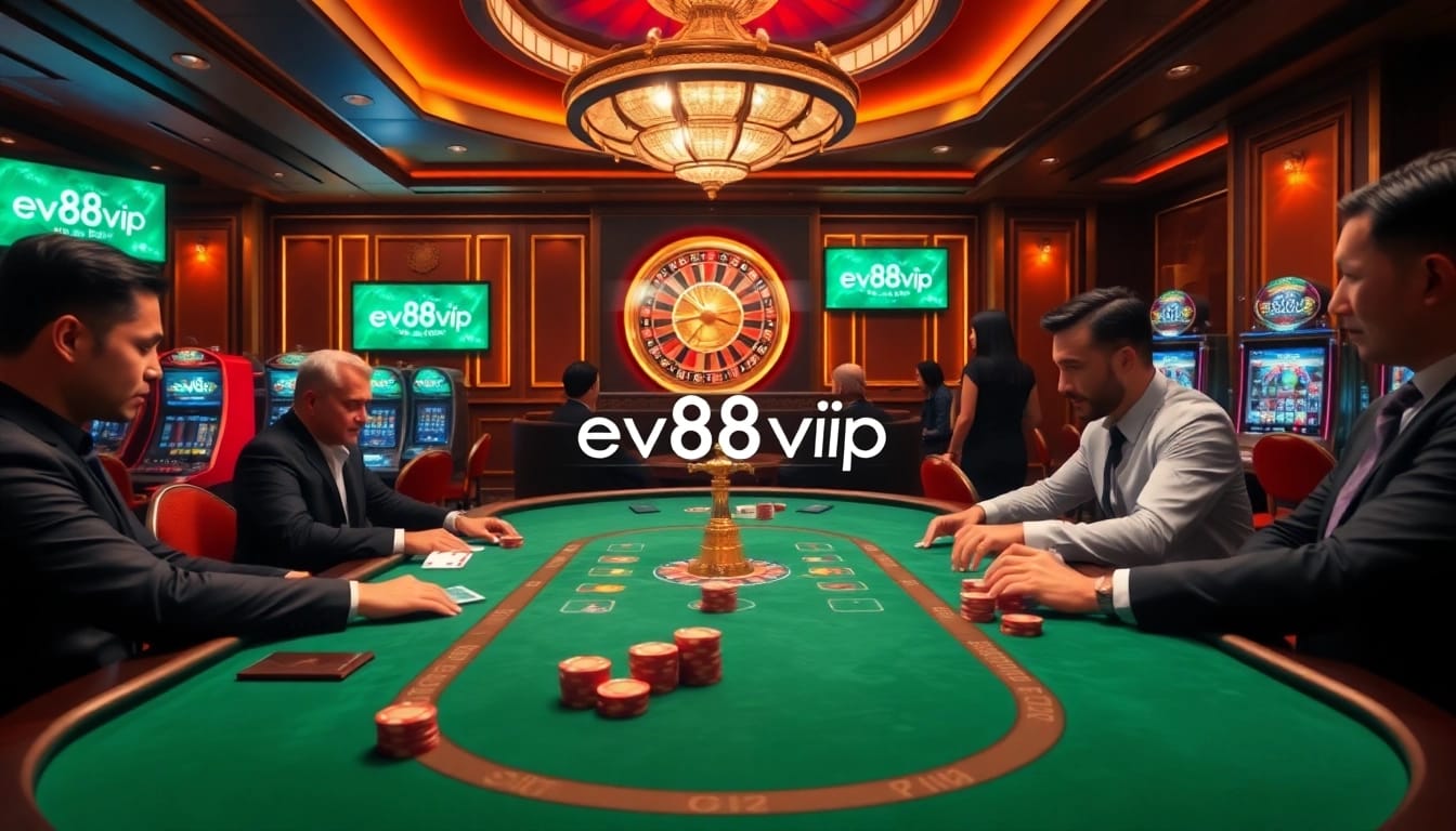 Intense gambling action at a luxurious poker table, showcasing ev88vip excitement with high-stake chips.