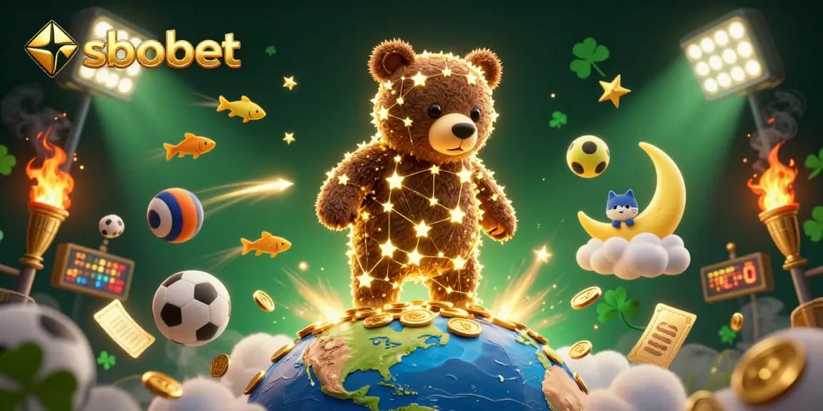 Experience sbobet with a constellation bear winning coins amidst athletic excitement and vibrant sports elements.
