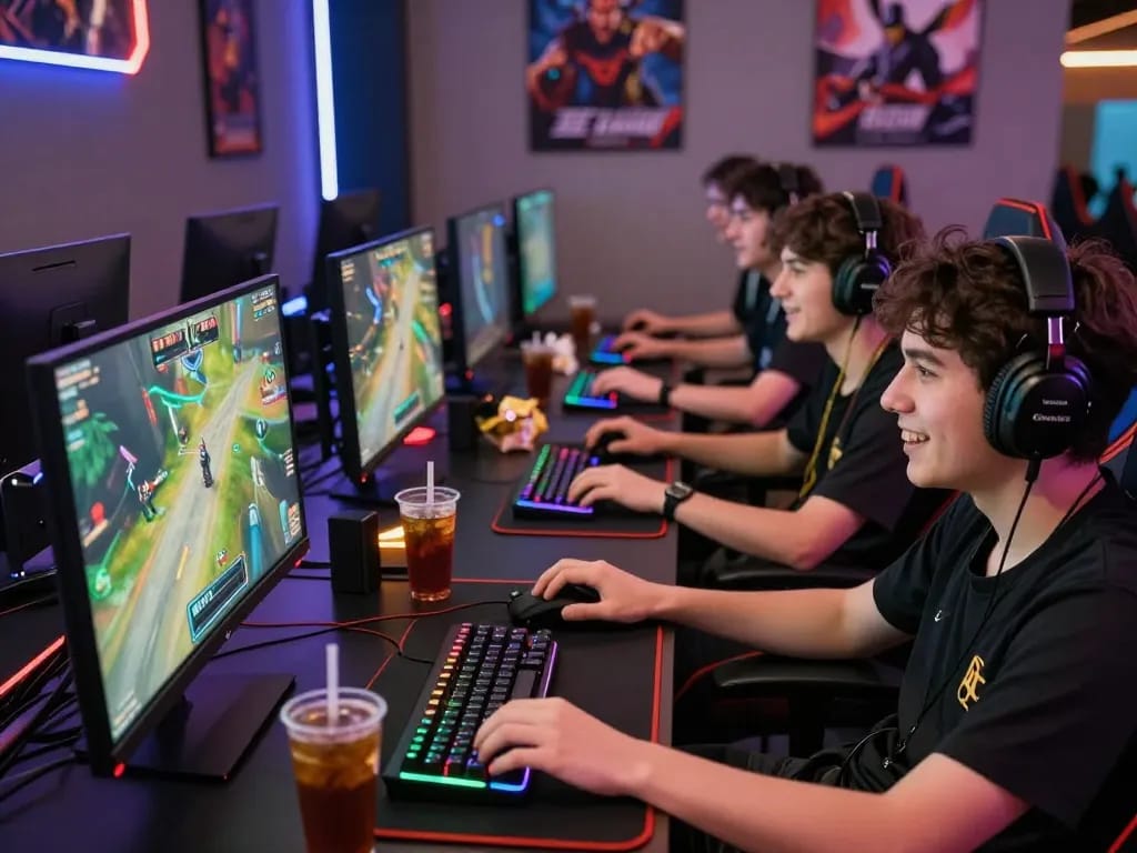 Excited players immersed in a thrilling gaming session at vegasslot77, showcasing modern setup and competitive spirit.