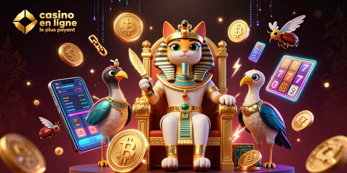 Illustrez vos gains avec le casino en ligne le plus rémunérateur grâce à un chat pharaon égyptien entouré de jeux numériques.
