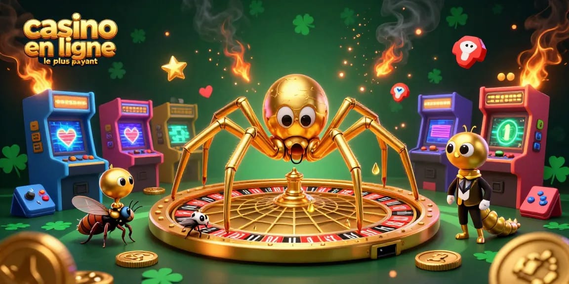 Découvrez l'illustration d'un casino en ligne le plus payant avec une araignée dorée et un croupier mille-pattes.