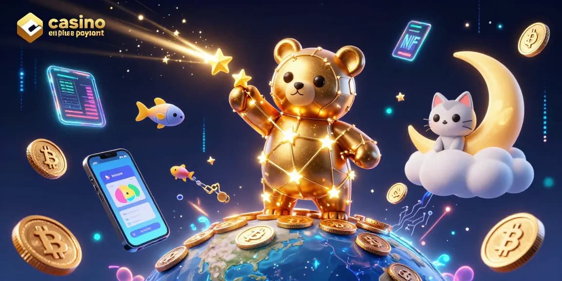 Illustration des jeux au casino en ligne le plus payant avec un ours constellation et des éléments crypto.