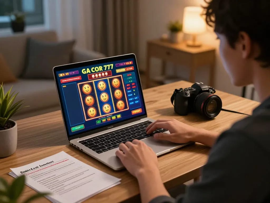 Engaging moment of a player strategizing on slot gacor 777 game with notes in a cozy home office.