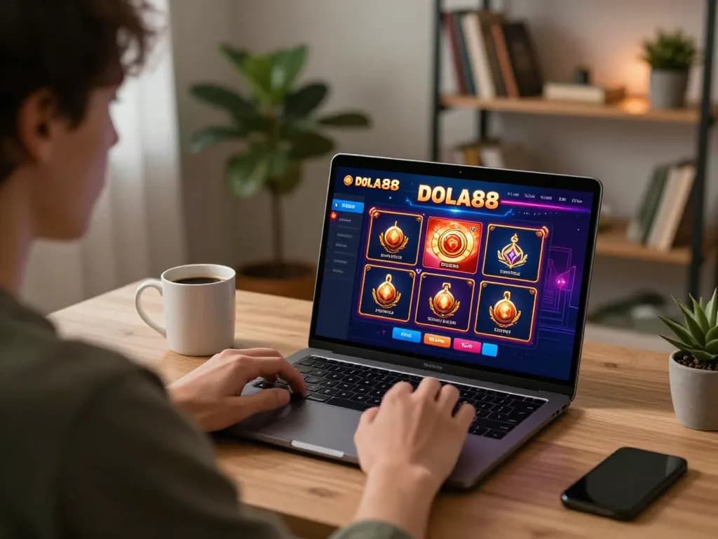 DOLA88 user enjoying online gaming in a cozy home office with casino interface displayed.
