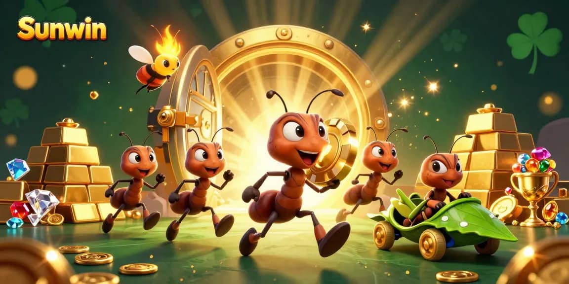 Experience thrilling gaming action with Sunwin as animated ants seize golden poker chips amidst treasures.