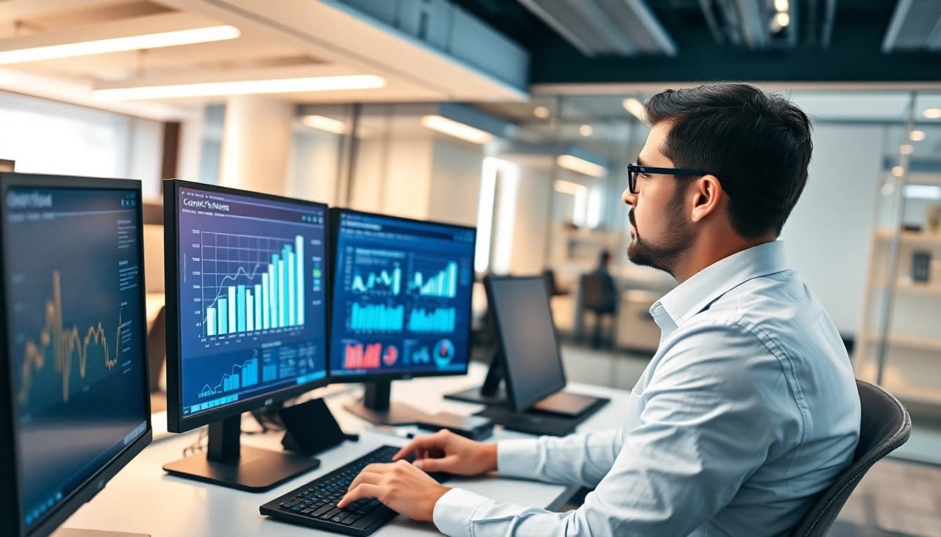 Analyze AI for competitor analysis trends with advanced data visualization tools in a modern office.