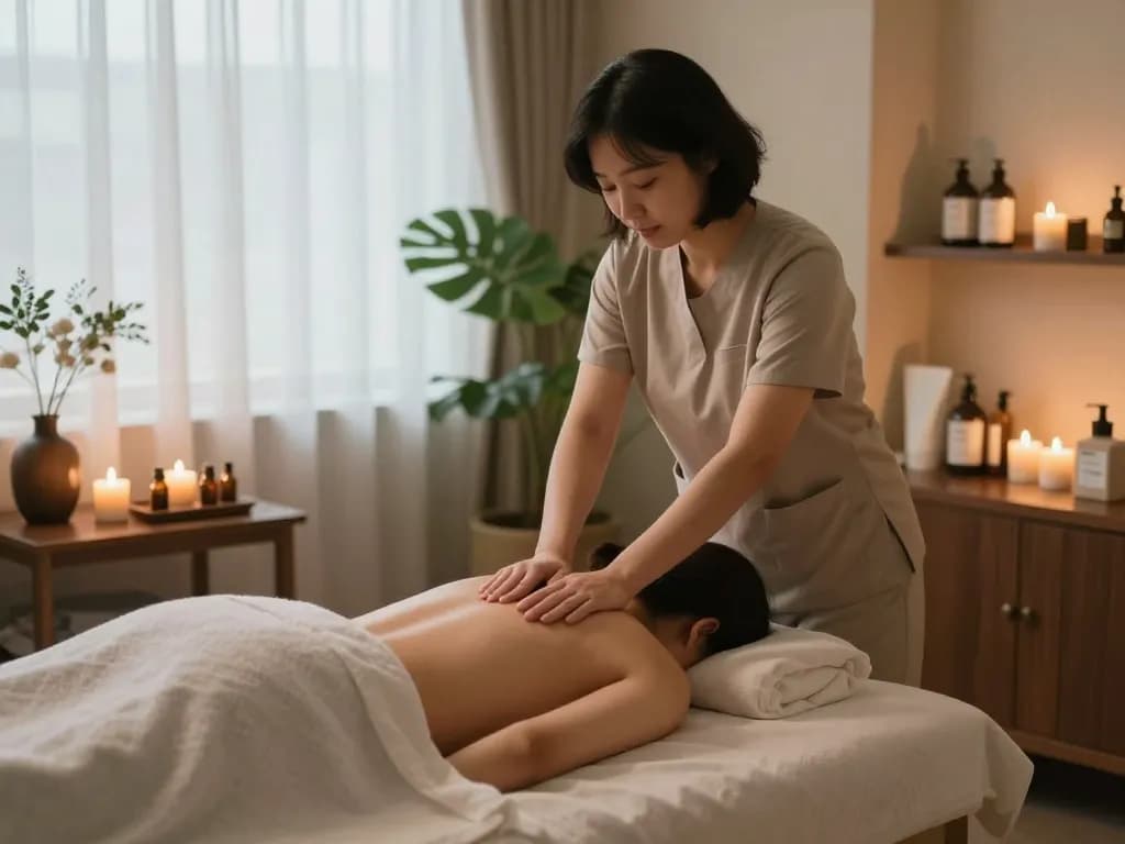 Relaxing 논현동마사지 session in a peaceful spa setting with warm lighting and essential oils.