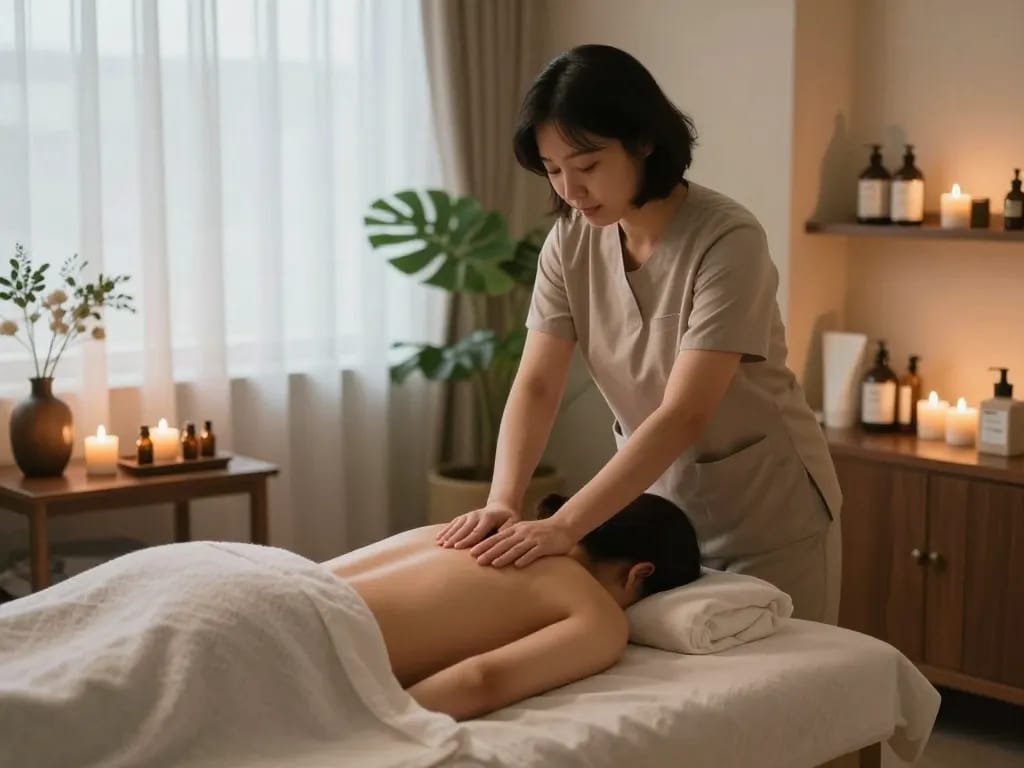Relaxing 논현동마사지 session in a peaceful spa setting with warm lighting and essential oils.