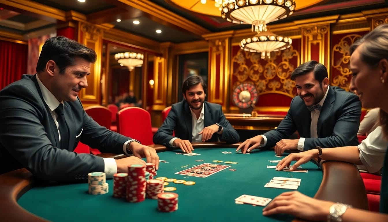 SODO casino scene featuring intense poker players at a luxurious table with vibrant decor.