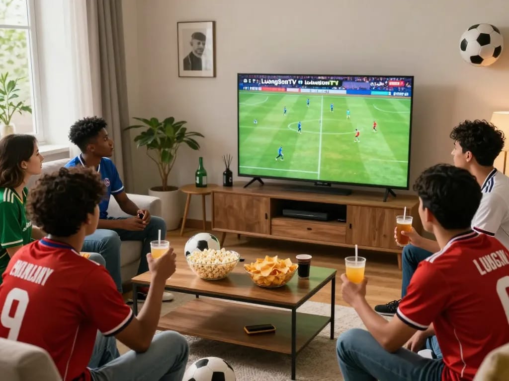 Friends watching football on LuongSonTV in a cozy living room, showcasing a vibrant match day atmosphere.