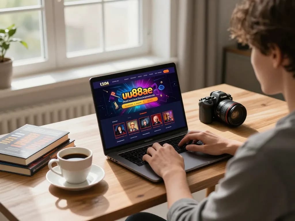Engaged bettor using uu88ae online casino, laptop showing colorful gameplay.