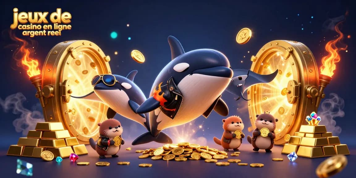 Jouez aux jeux de casino en ligne argent réel avec cette scène captivante illustrant un orque, une raie, et des loutres.