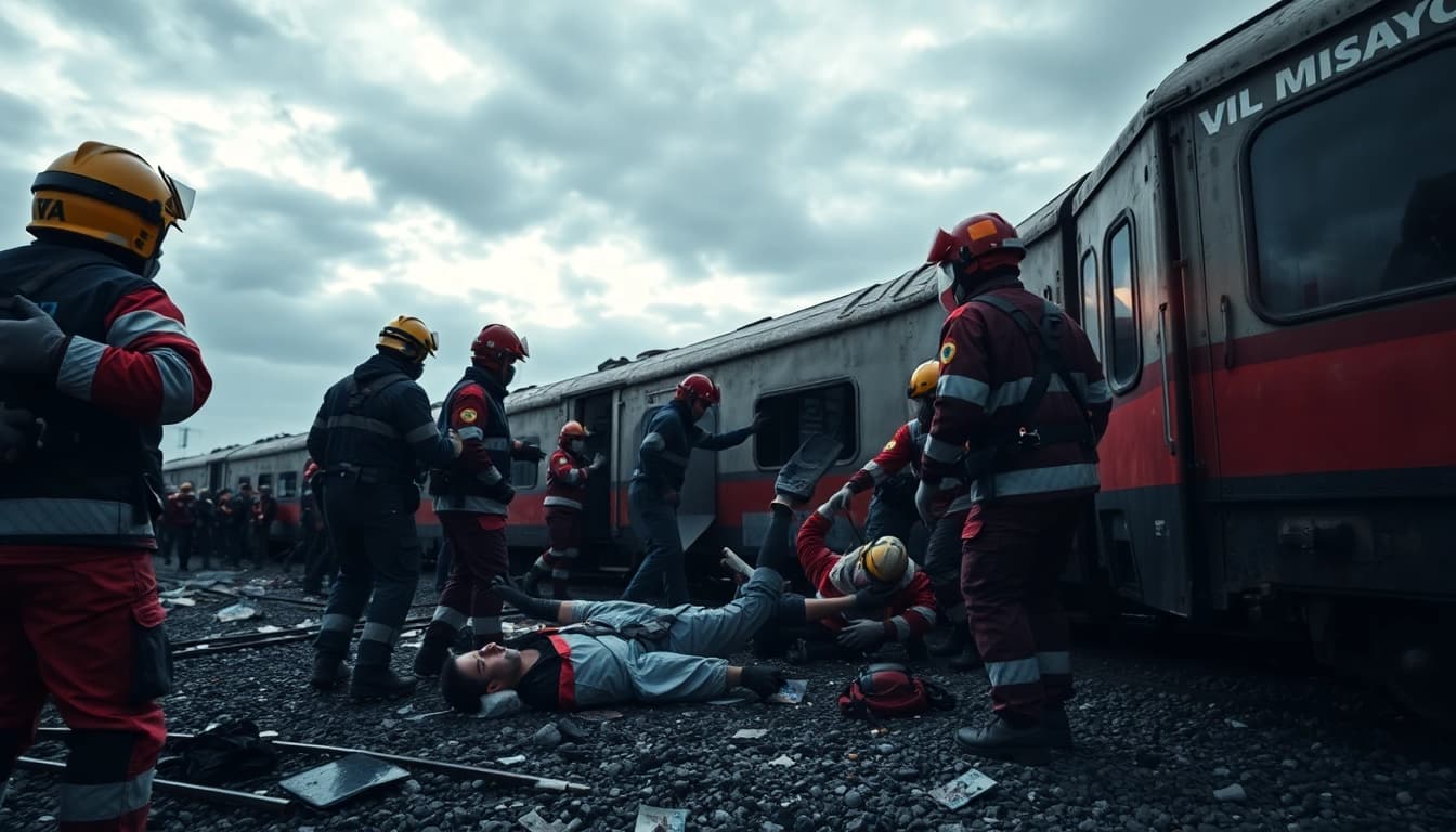 Emergency responders at a spain train crash site helping injured passengers and assessing damage.