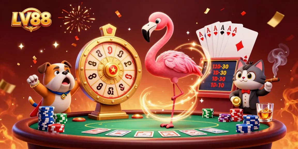 Experience exciting gaming moments at LV88 with a dynamic flamingo host, bulldog contestant, and vibrant casino elements.