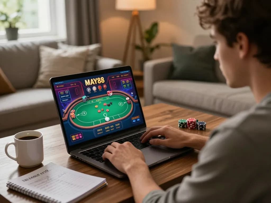 MAY88 player strategizing on poker game using laptop in a cozy home setting.