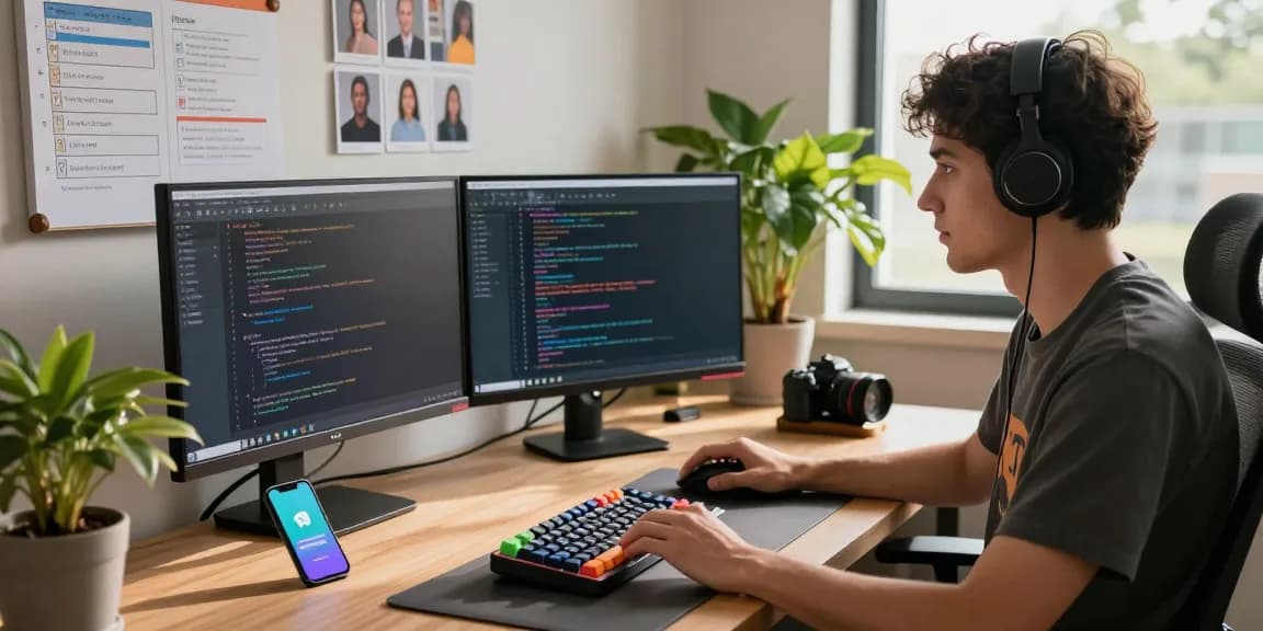 Explore paper plane download trends in a modern tech workspace with a developer coding and messaging.