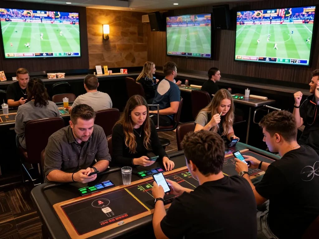 g28 sports betting excitement with friends cheering in a vibrant casino scene