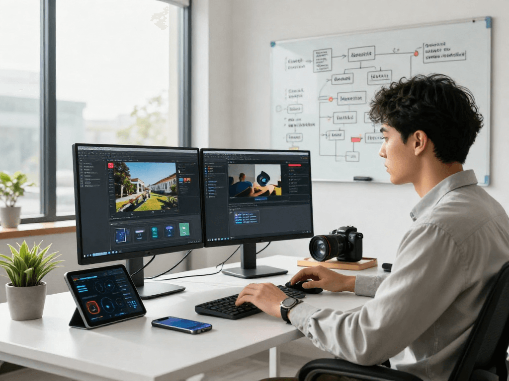 AI image detector analysis in a modern workspace with dual monitors and real-time analytics.