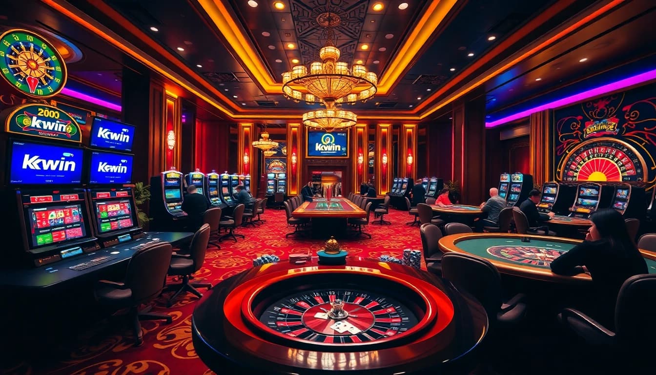 Players enjoying thrilling games at KKWIN casino, showcasing excitement and luxury.
