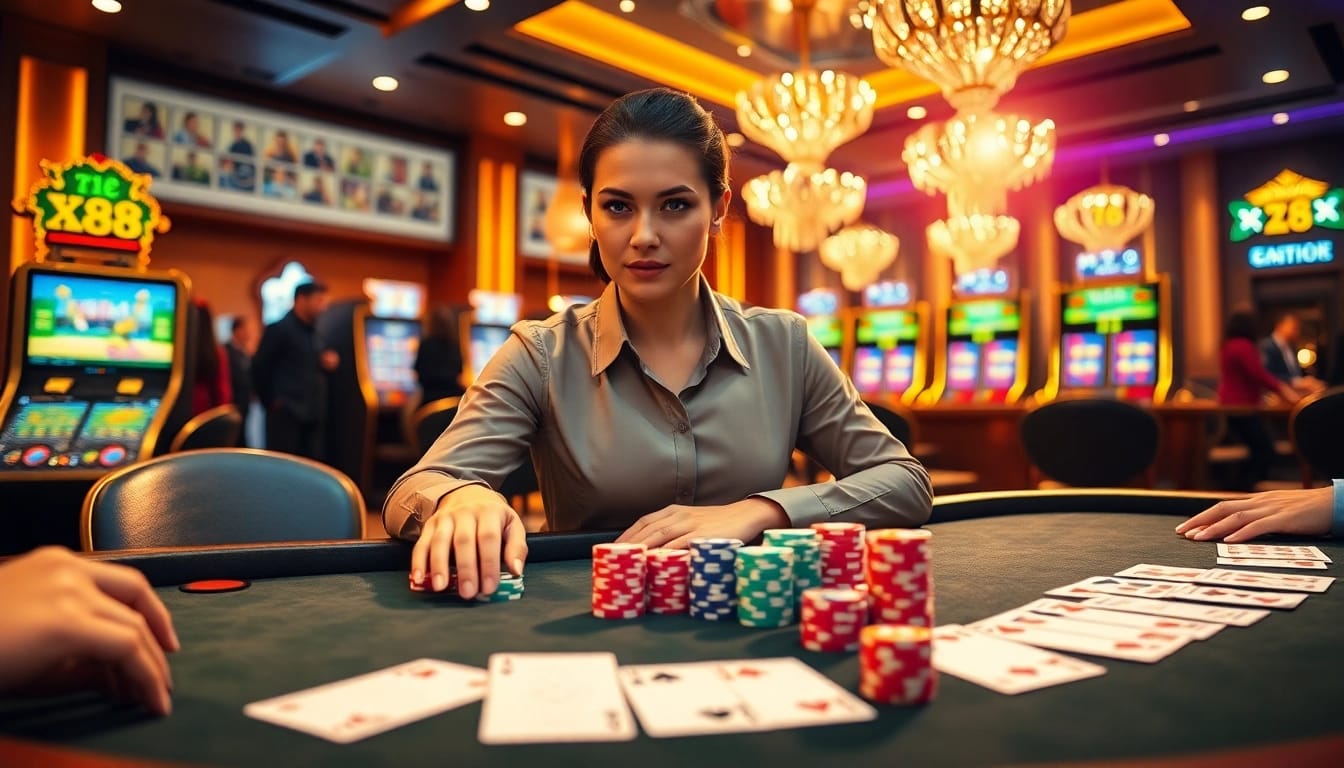 Experience the excitement of X88 at a vibrant casino table with professional dealers and engaging gameplay.