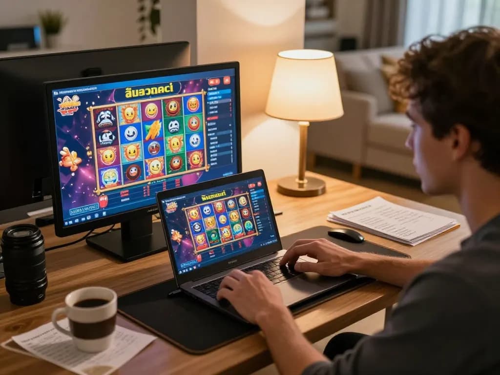 Player engaging in สล็อตวอเลท online gaming at home, showcasing strategy notes and cozy atmosphere