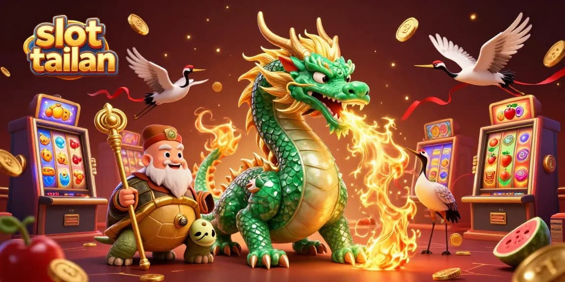 Experience slot tailan excitement with a vibrant dragon, turtle sage, and lucky cranes amidst dynamic slot machines.