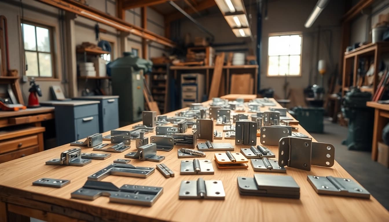 Showcase by Cabinet Hinge Manufacturers highlighting diverse hinge types in a workshop.